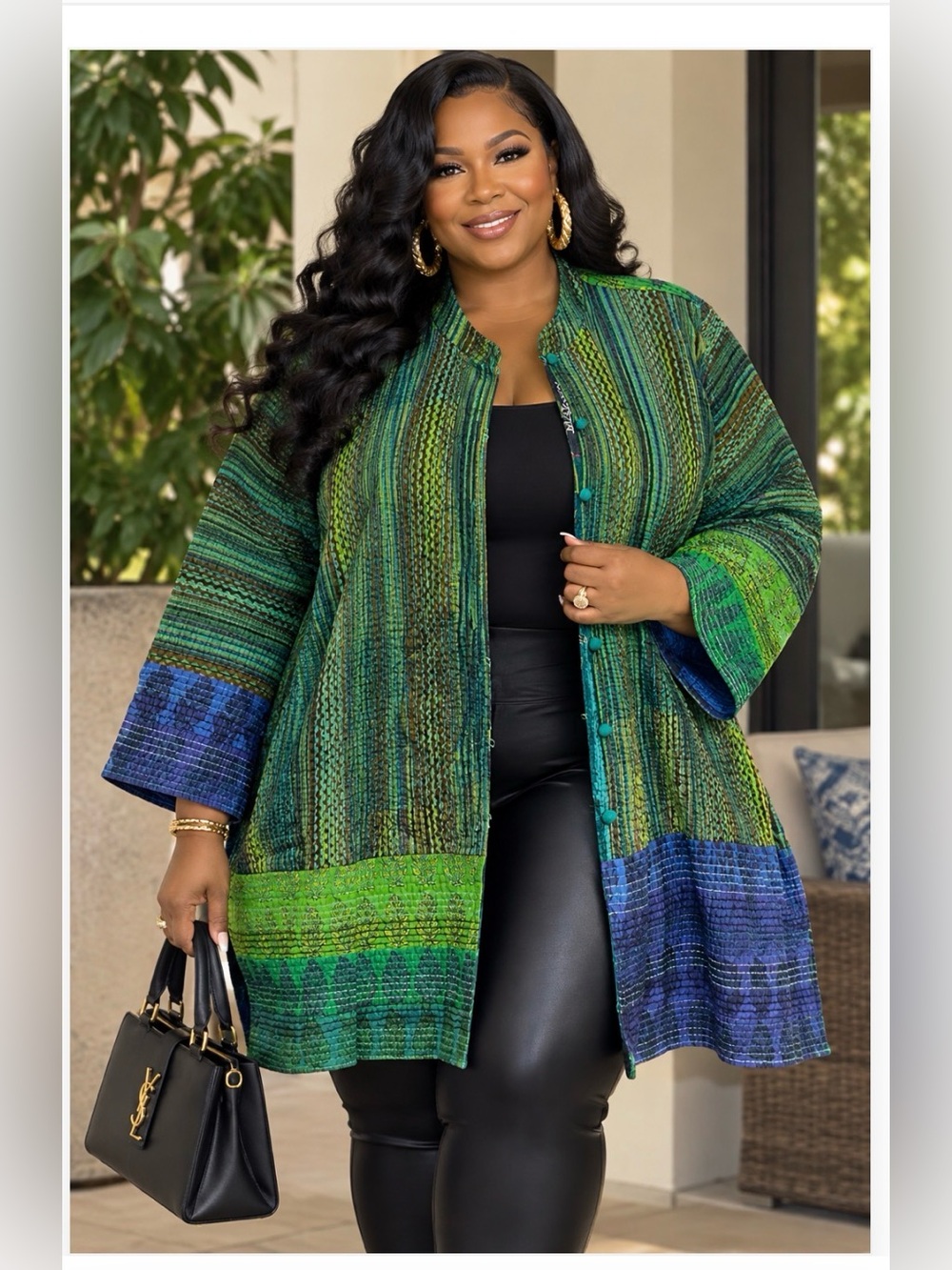 Green & Blue Striped Knit Pea Coat - Plus Size